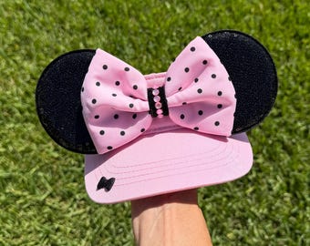 Handmade Minnie Mouse Ears Visor, pink visor, Polka Dot Bow, Disney Parks