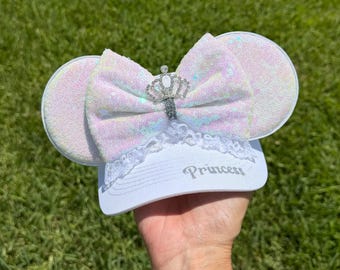 Princess Inspired Sequin Bow Visor Ears, White Princess Mouse Ears, mini crown, Bride