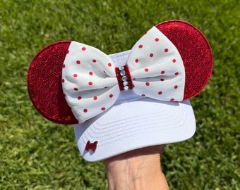 Handmade Minnie Mouse Ears Visor, White visor, Polka Dot Bow, Disney Parks