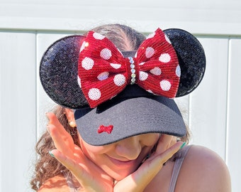 Stuffed Bow, Minnie Mouse Inspired, BLACK VISOR, red bow, Mouse Ears, mickey ears, visor, Minnie Ears, disney parks essentials