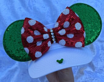 Minnie Mouse inspired, Christmas, Holliday, WHITE VISOR, Mouse Ears, mickey ears, Minnie Ears, Disney visor