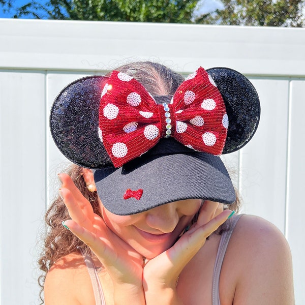 Stuffed Bow, Minnie Mouse Inspired, BLACK VISOR, red bow, Mouse Ears, mickey ears, visor, Minnie Ears, disney parks essentials