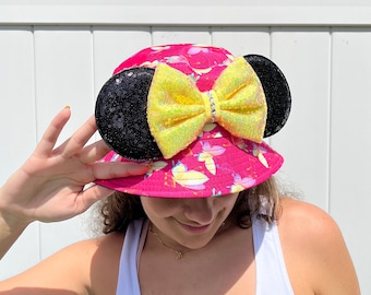 Bucket hat Butterfly Inspired, comic Mickey, mickey ears, Minnie Ears, disney visor, Adult circumference 22.8 inch, pink, fuchsia