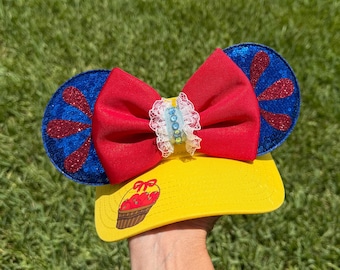 New Snow White Inspired Minnie Mouse Ears Visor, Handmade, basket of apples