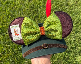 NEW Robin Hood inspired, sequin bow, visor, Mickey Ears, Minnie Ears, adult