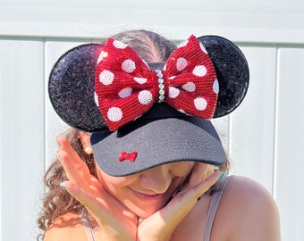 Minnie Mouse Inspired, BLACK VISOR, red bow, Mouse Ears, mickey ears, visor, Minnie Ears, disney parks essentials