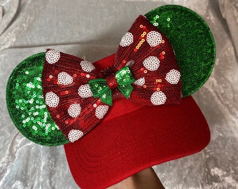 Minnie Mouse inspired, Christmas, Holliday, DOTS BOW, Mouse Ears, mickey ears, Minnie Ears, Disney visor