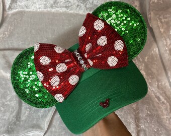Minnie Mouse inspired, Christmas, Holliday, GREEN VISOR, Mouse Ears, mickey ears, Minnie Ears, Disney visor
