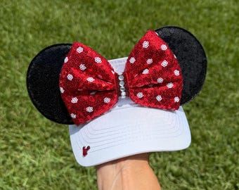 White visor, Minnie Mouse Inspired Visor: Black Sequin Ears, Red mini Polka Dot Bow