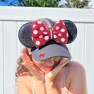 Minnie Mouse Inspired Visor: Black Sequin Ears, Red Polka Dot Bow