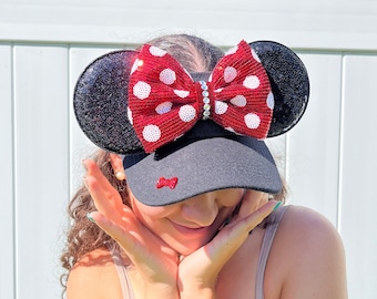 Minnie Mouse Inspired Visor: Black Sequin Ears, Red Polka Dot Bow