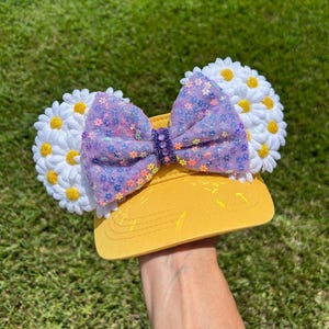 Handmade Mickey Mouse Ears Visor: Mustard Yellow, Daisy Flowers & Lilac Bow