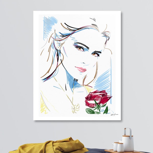 Emma Watson - Belle - Beauty and the Beast - Celebrity Portraits - Partick Nagel Style Art - 80s Style Art - Comic Con Art - Giclée Prints