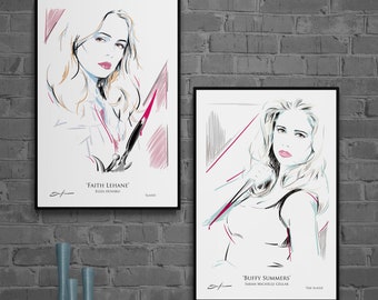 Sarah Michelle Gellar -Eliza Dushku - Buffy Art - Vampire Slayer Art - Promi Portait - Retro Style Art Prints - Art 2er Set