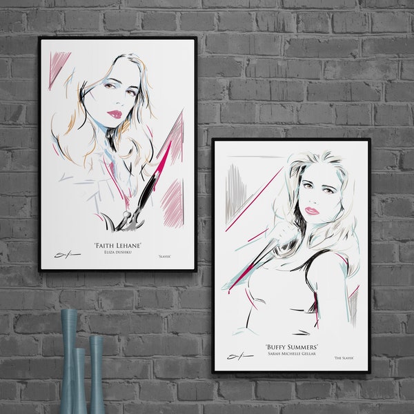 Sarah Michelle Gellar -Eliza Dushku - Buffy Art - Vampire Slayer Art - Celebrity Portait - Retro Style Art prints - Art Set Of 2