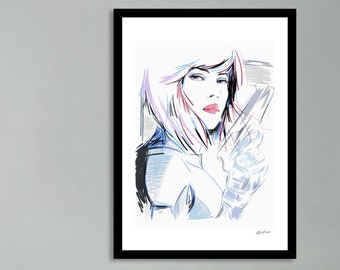 Ghost in the Shell Art - Scarlett Johansson Art - Celebrity Portraits - Partick Nagel Style Art - 80s Art Deco Prints - Giclée Prints