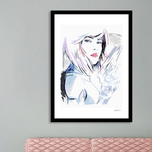 Ghost in the Shell Art - Scarlett Johansson Art - Celebrity Portraits - Partick Nagel Style Art - 80s Art Deco Prints - XMas Gift
