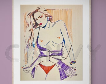 Boudoir Art - Pin Up Art - Glamour Girl Art - Sexy Model Art - Original Pinup Illustration Art - Marker illustration - Retro 80s Style