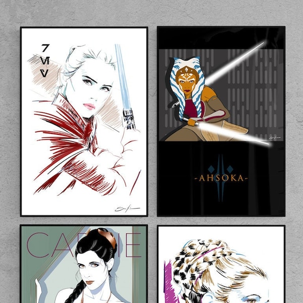 STAR WARS - Rey Skywalker - Ashoka Tano - Princess Leia - Slave Leia - Star Wars Fan Art - Set of 4 art prints - Multi Print collection