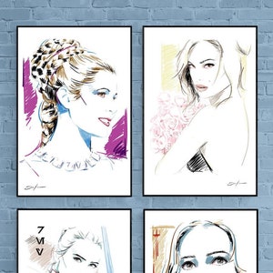 STAR WARS - Princess Leia - Queen Amadala - Rey Skywalker - Jyn Erso - Star Wars Fan Art - 4 Set prints - Multi Print Set - Xmas Gift