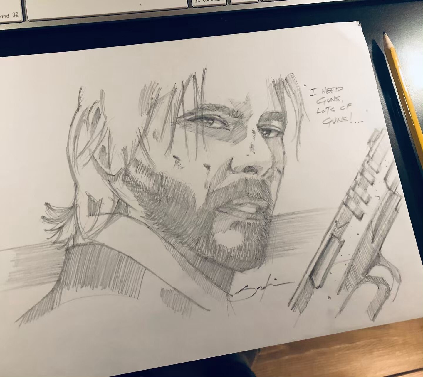 キアヌ・リーブスによるジョン・ウィックのオリジナル鉛筆画（8.5x11