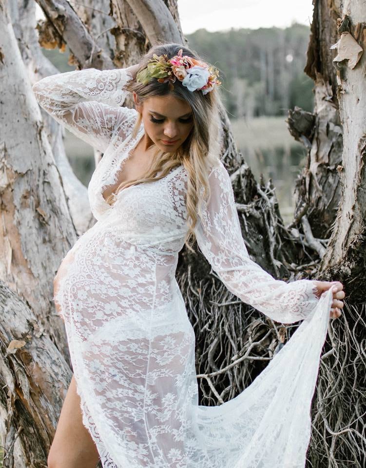 White Lace Open Front Maternity Dress Gown Photo Shoot