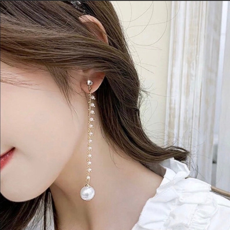 pearl stud earrings minimalist earrings pearl dangle earrings white earrings elegant earrings Pearl Chain Double Sided Earrings