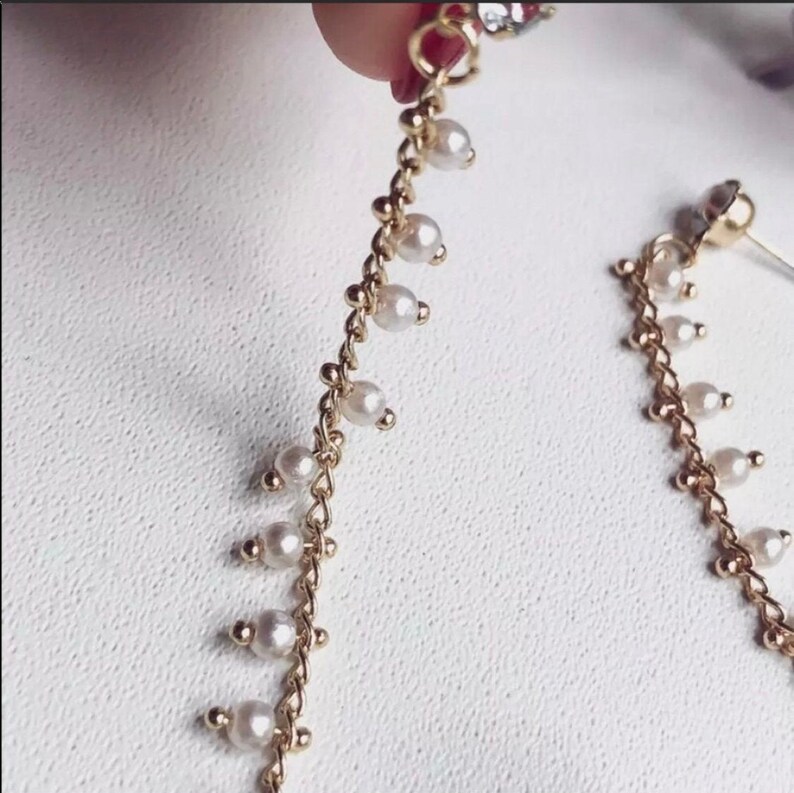 pearl stud earrings minimalist earrings pearl dangle earrings white earrings elegant earrings Pearl Chain Double Sided Earrings