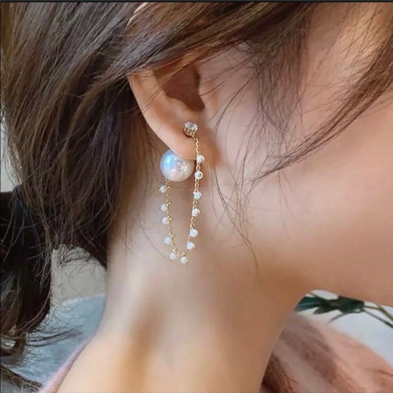 pearl stud earrings minimalist earrings pearl dangle earrings white earrings elegant earrings Pearl Chain Double Sided Earrings