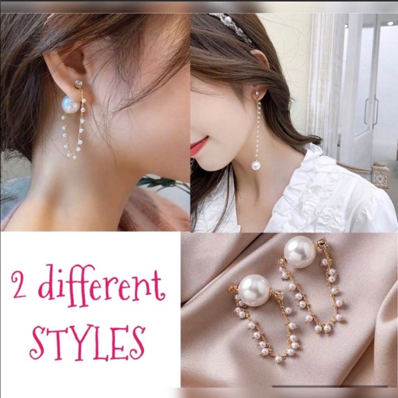 pearl stud earrings minimalist earrings pearl dangle earrings white earrings elegant earrings Pearl Chain Double Sided Earrings