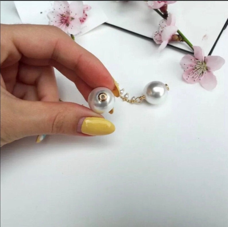 pearl stud earrings minimalist earrings pearl dangle earrings white earrings elegant earrings Pearl Chain Double Sided Earrings