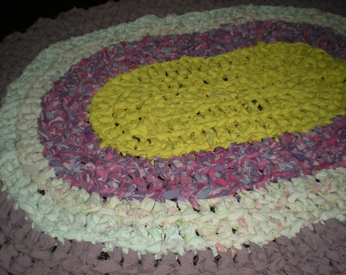 Crochet Oval Rag Rug, Mat, ,yellow, Pinks and Mauve Bath, Cottage