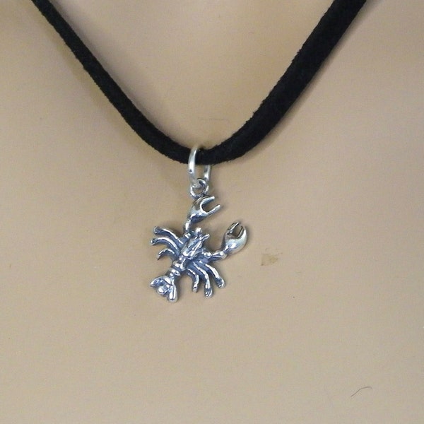 Crawfish necklace silver, Ocean Nautical Crawfish Charm Pendant, Black cord necklace, Crawfish pendent necklace, black necklace for women