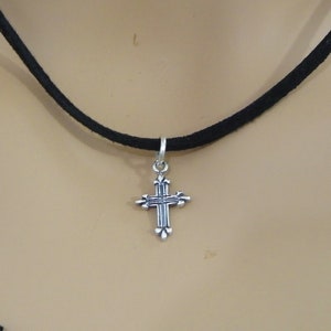 Sterling Silver Cross Necklace: Black Cord Choker, Men or Women