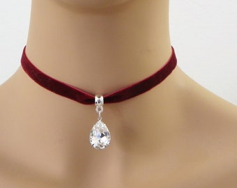 Red velvet choker Necklace, BLACK Velvet Ribbon Choker, Daily Choker ribbon, Trendy Stylish Choker, crystal Pendent choker, git for her