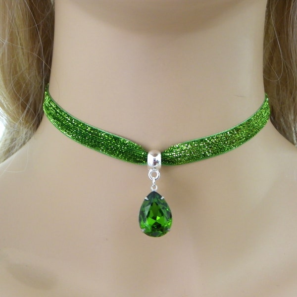 Green Glitter Velvet choker, Christmas Choker necklace Olivine crystal 10mm BLACK Velvet Ribbon Choker gift green crystal necklace gift