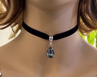 Black Velvet Choker Necklace with Swarovski Crystal Pendant, 10mm Band