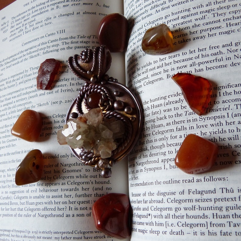 Crystal pendant polymer clay agate and aragonite