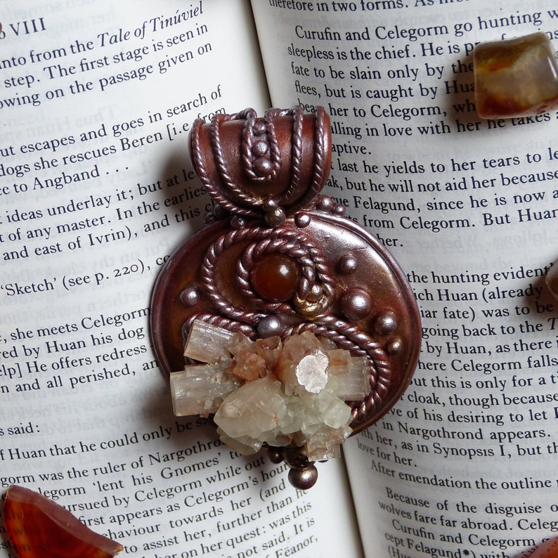 Crystal pendant polymer clay agate and aragonite