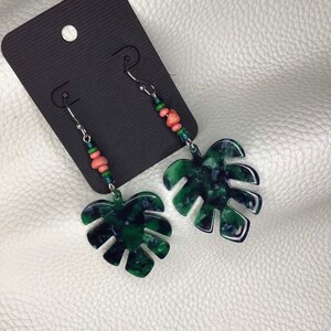 monstera leaf earrings with beads beaded earrings