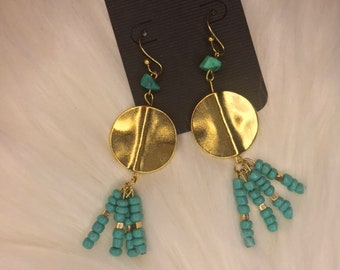 beaded earrings with bead tassel gold and turquoise earrings beaded earrings hand beaded earrings