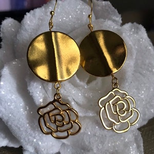Rose dangle earrings gold rose earrings gold rose outline earrings plated gold earrings dangle earrings Valentine’s Day jewelry