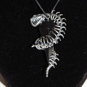 Op de afbeelding: Een zilveren ketting met een zwart koord en een hanger in de vorm van een skeletdraak met een zwarte edelsteen in zijn bek.
