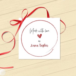 Mit Liebe gemacht Geschenkanhänger, bearbeitbares rotes Herzetikett, druckbare Made With Love Karte, Corjl Vorlage |  Elfenbein und Gold 3311 mattiert