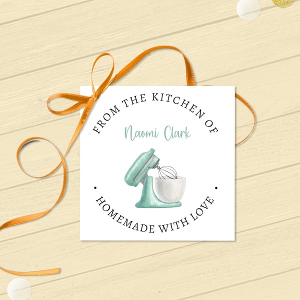 From the Kitchen of Gift Tag, Homemade With Love Label, Blue Stand Mixer Card, Printable Editable Corjl Template |  Ivory and Gold 3331 GT