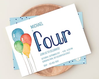 4th Birthday Invitation: Balloons Fourth Birthday Party Invite, DIY Corjl editable | 3007 IN