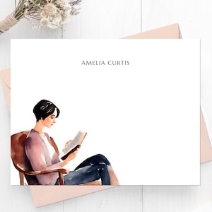 Personalized Stationery - Woman Reading, Bookish Book Club Notecard w Envelope, Gift for Librarian Student Teacher Author Book Lover | 3591