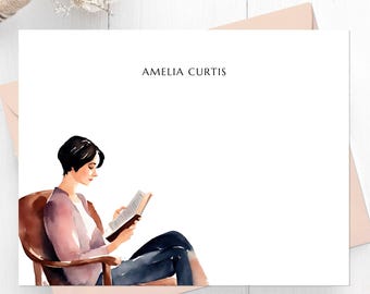Personalized Book Lover Notecards: Woman Reading Stationery Set