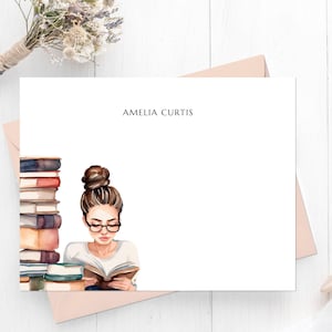 Personalized Bookish Stationery - Book Lover Woman Reading, Book Club Notecard w Envelope, Gift for Librarian Student Teacher Author | 3610