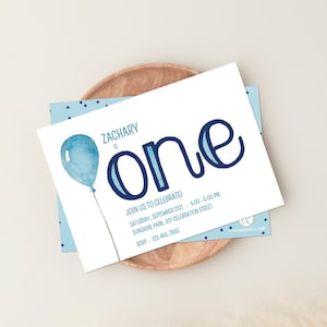 Editable One Balloon Invitation First 1st Birthday Party Blue Balloon Boy Girl Invite, DIY Corjl printable template | Ivory and Gold 3004 IN